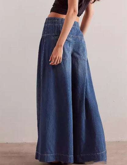 Casual Pleated Mid Waist Wide Leg Jeans