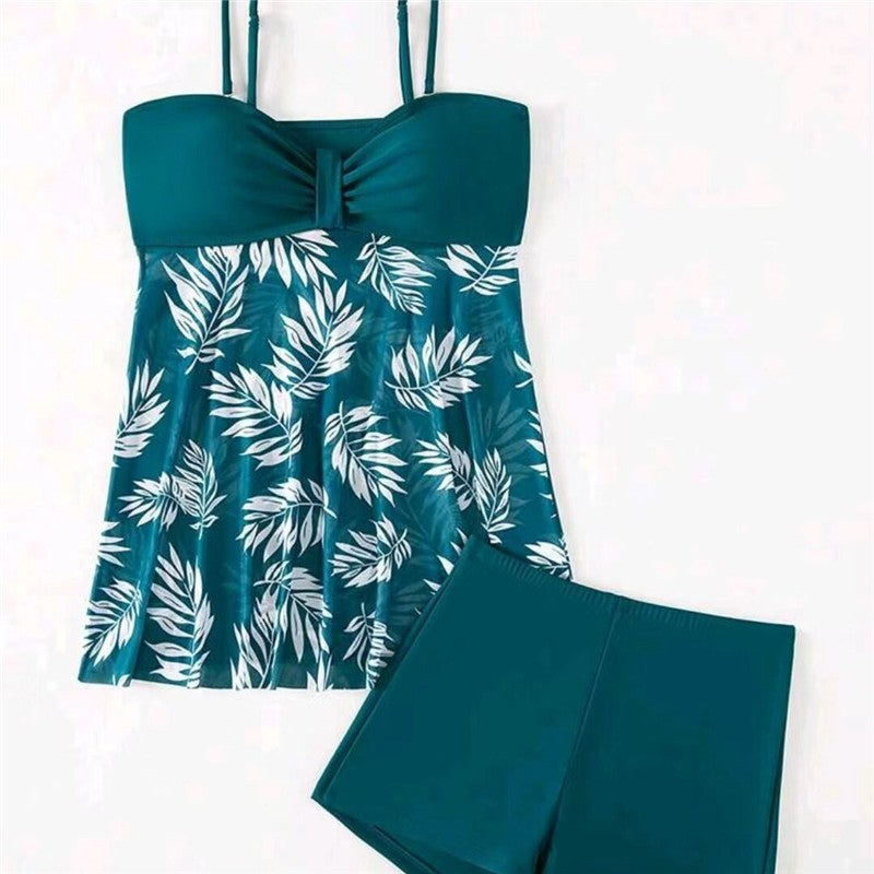 Split Skirt Conservative Mesh Sheer Flesh Printed Swimsuit