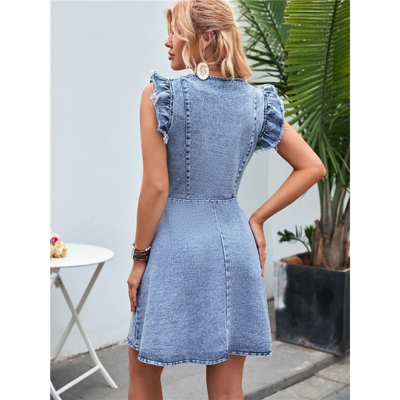 Fashionable, Casual And Resort-Style Short-Sleeved Buttoned V-Neck Denim Dress
