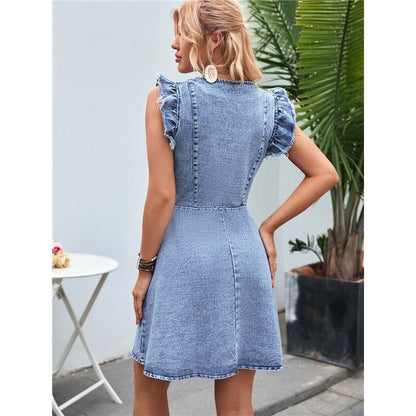 Fashionable, Casual And Resort-Style Short-Sleeved Buttoned V-Neck Denim Dress
