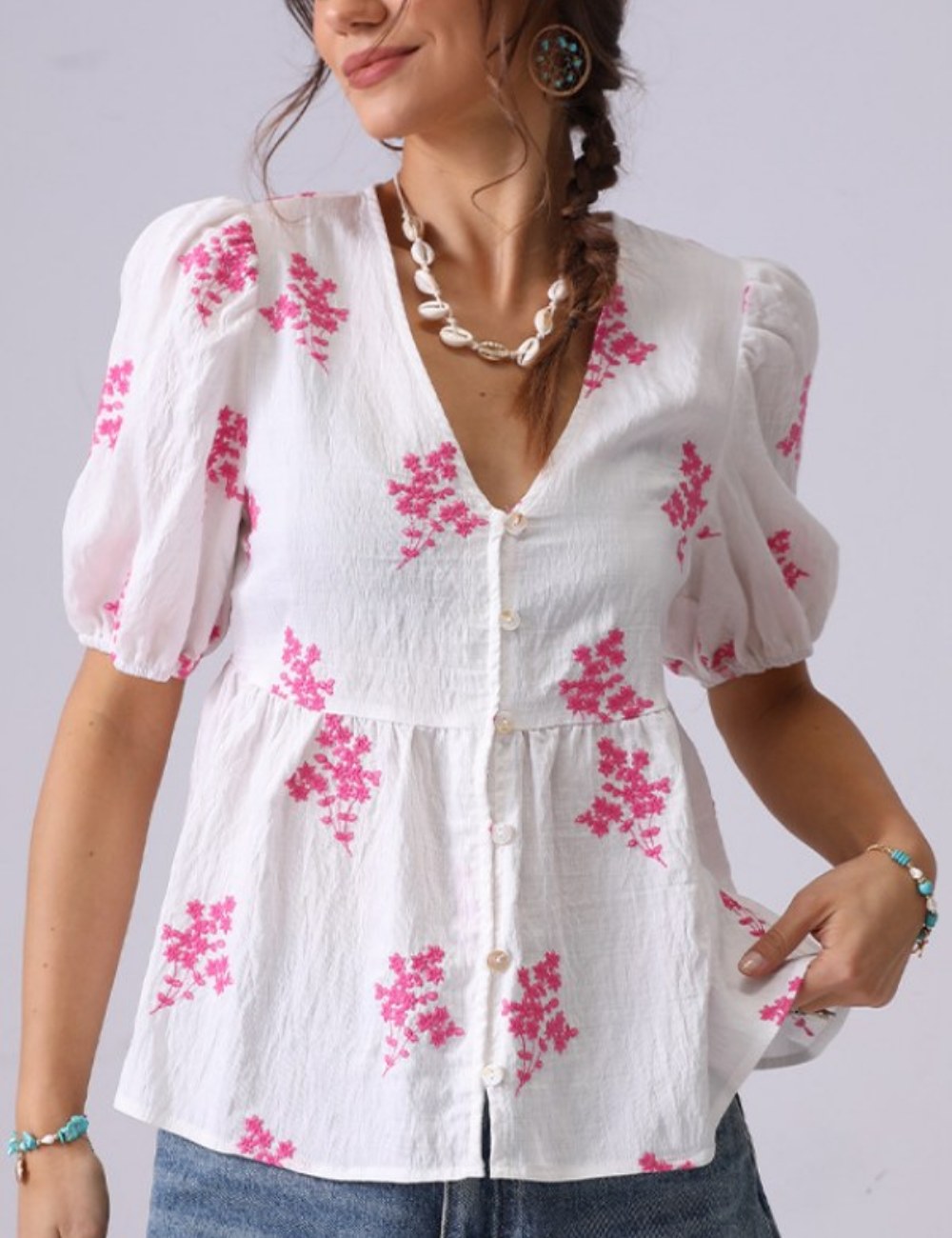 Floral Embroidered V-Neck Button Down Shirt