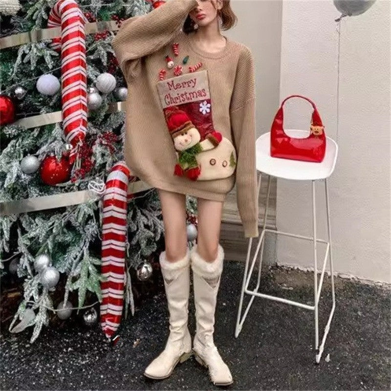Christmas Red Knit Sweater Socks Snowman Doll