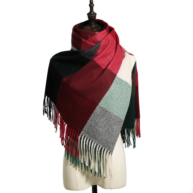 Striped Plaid Print Shawl Tasseled Scarf