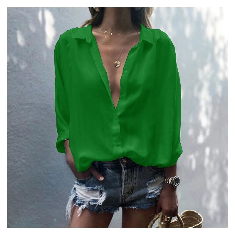 Ladies Deep V Neck Button Chiffon Shirt