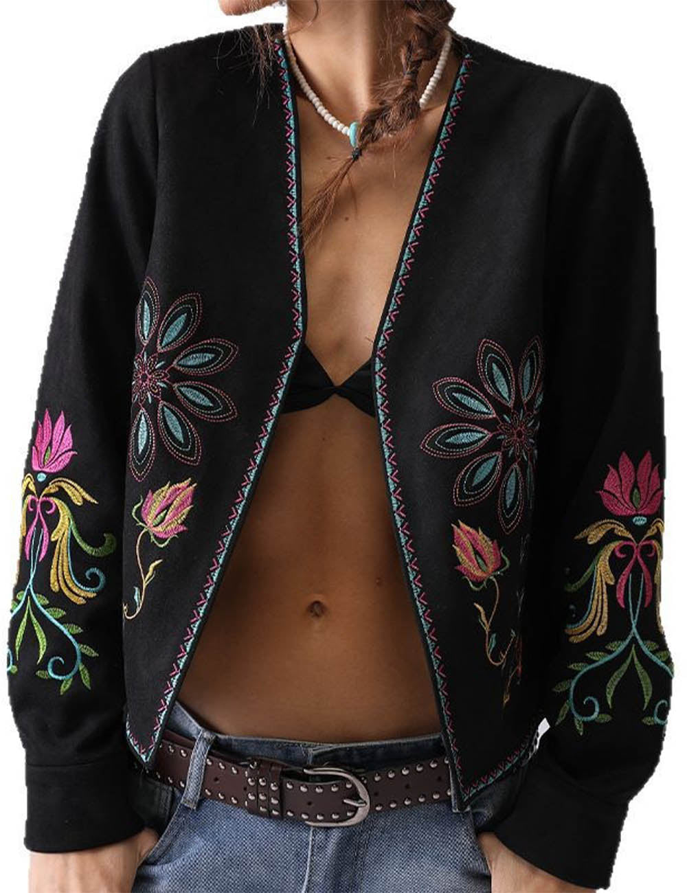 Boho Flower Embroidered Long Sleeve Suede Top