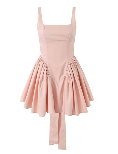 Solid Color Bow Tie Back Pleated Dress