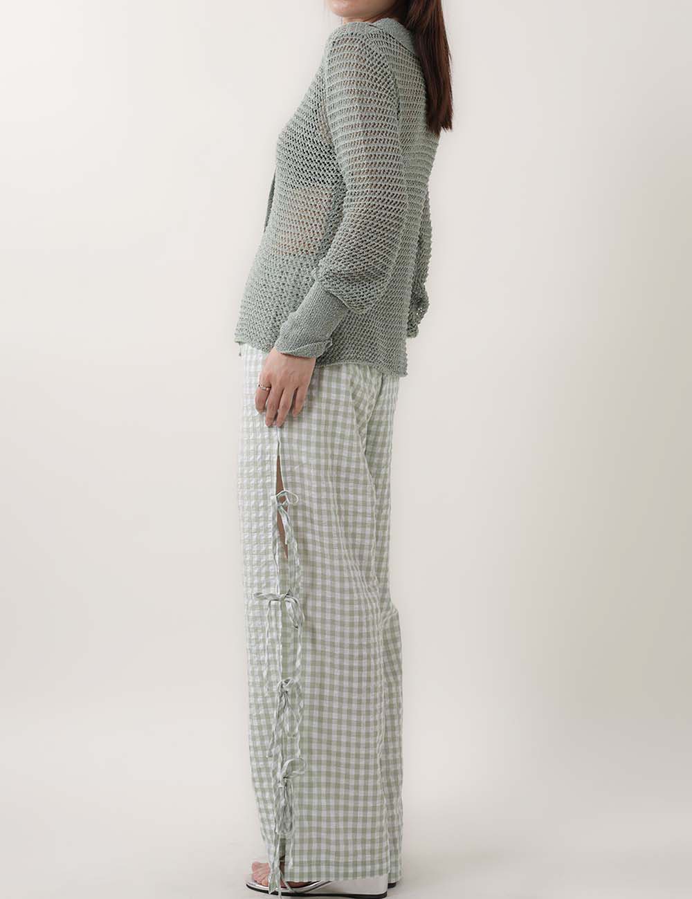Bow Side Split Plaid Casual Pants