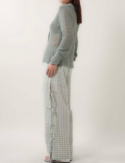 Bow Side Split Plaid Casual Pants