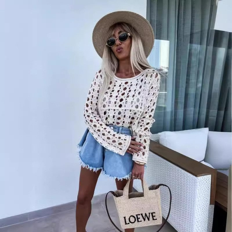 Solid Color Knit Long Sleeve Skeleton Top