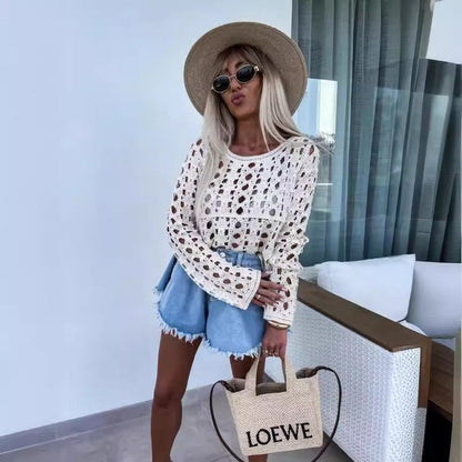 Solid Color Knit Long Sleeve Skeleton Top