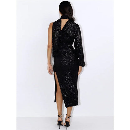 Solid Color Halterneck One Sleeve Sequins Bodycon Long Evening Dress