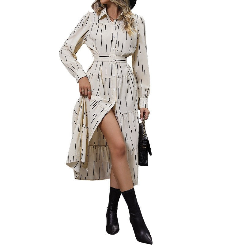 Long Sleeves Lapel Buttoned Belted Printing Shirt Midi Dress