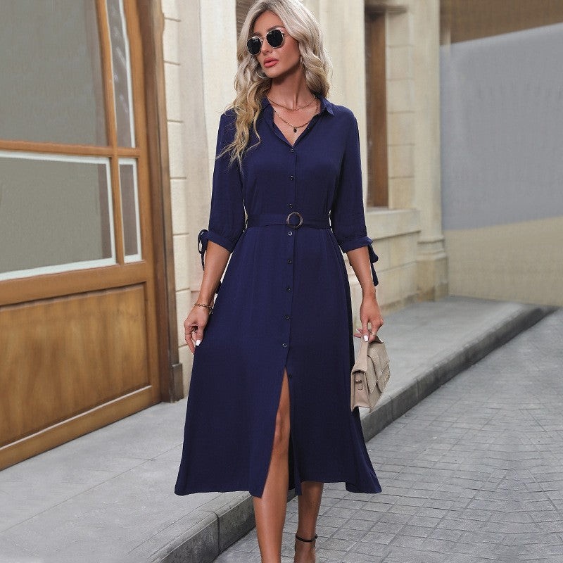 Solid Color Lapel Mid Waist Long Sleeve Midi Dress