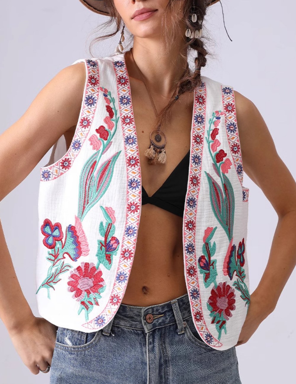Floral Embroidered Open Front Vest