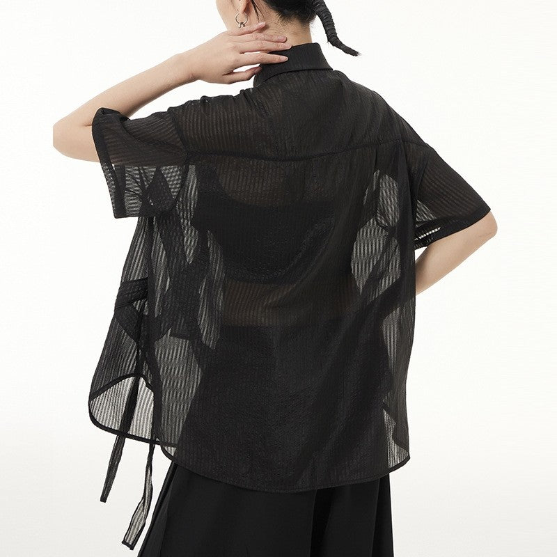 Solid Color Short Sleeve Shirt Collar See-Through Thin Casual Loose Blouse