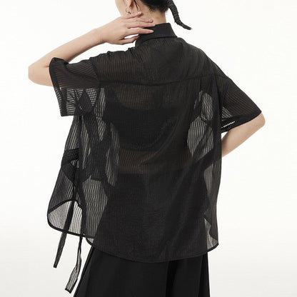 Solid Color Short Sleeve Shirt Collar See-Through Thin Casual Loose Blouse