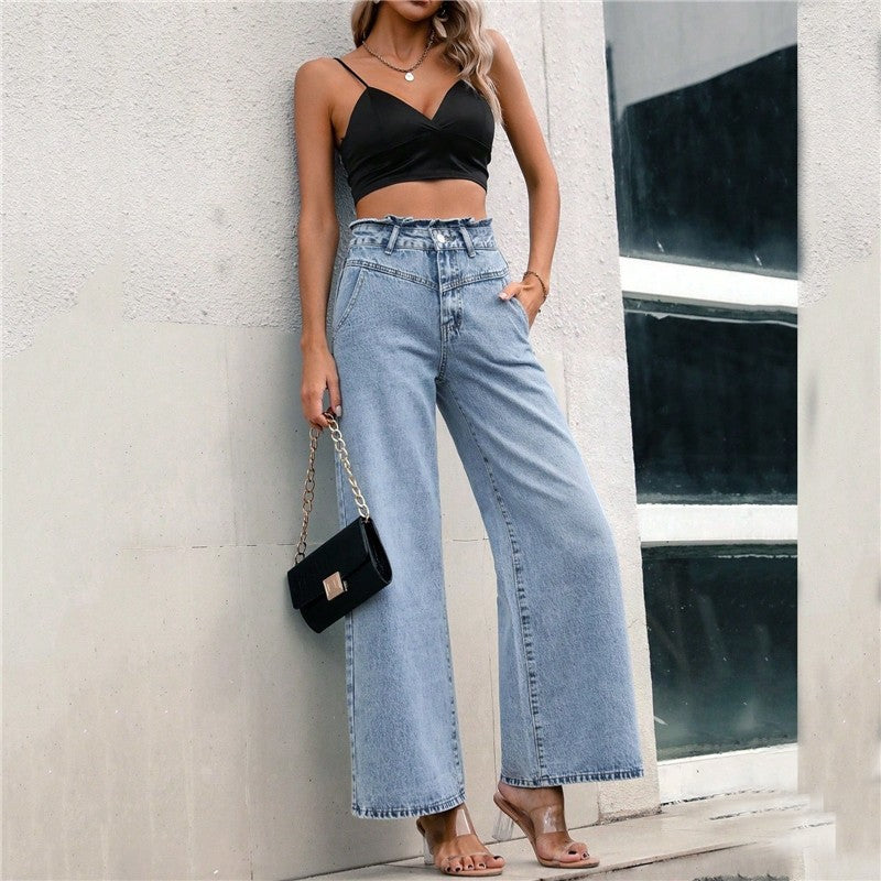 Simple And Classic Commuter High-Waisted Straight-Leg Slimming Loose Jeans