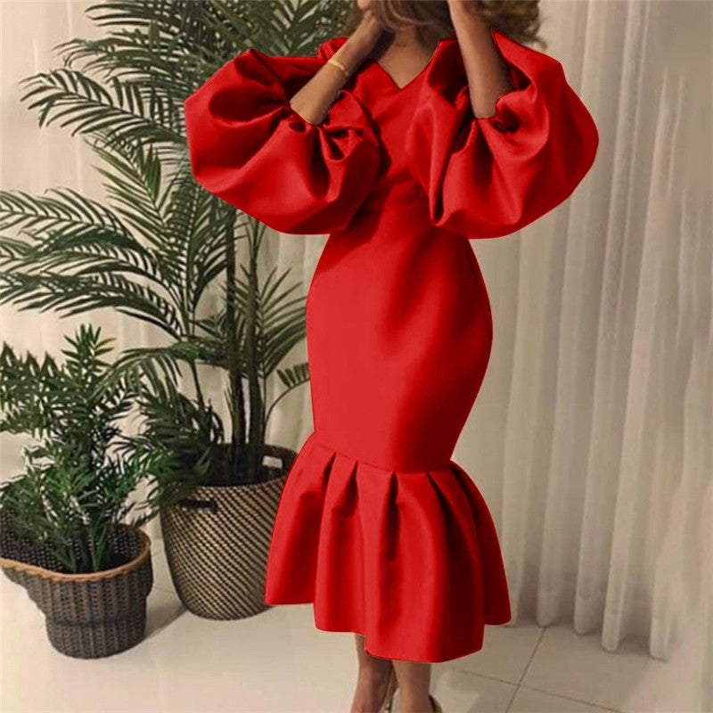 Solid Color V-Neck Bubble Long Sleeve Tail Gown Dresses