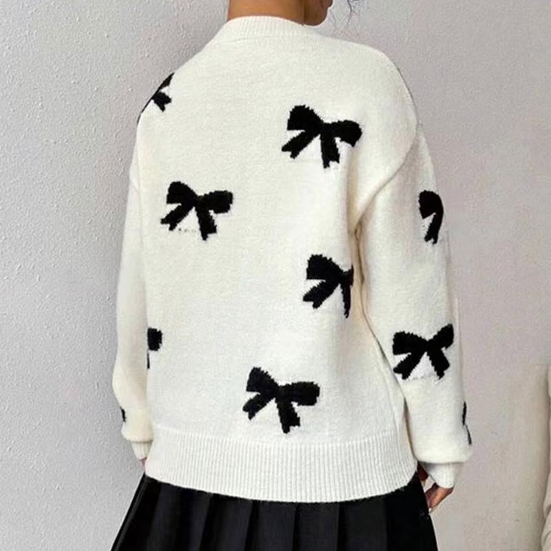 Elegant Round Neck Bow Jacquard Knit Sweater