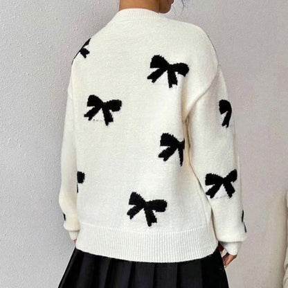 Elegant Round Neck Bow Jacquard Knit Sweater
