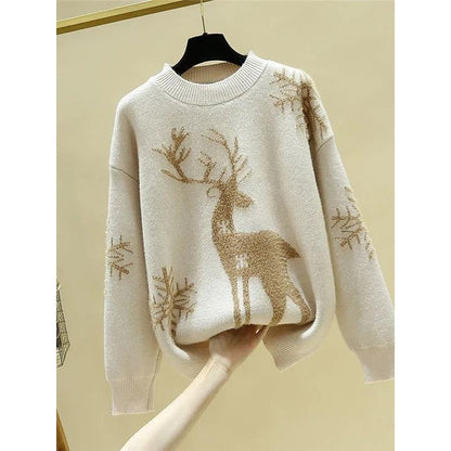 Deer Jacquette Round Neck Knit Sweater