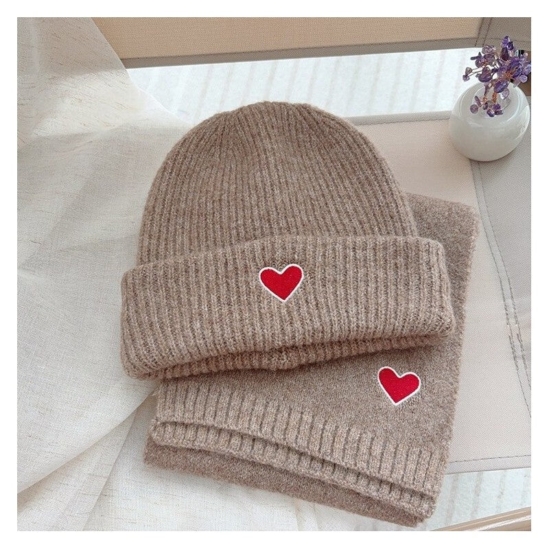 Kids Knit Hat Scarf Set With Heart Embroidery