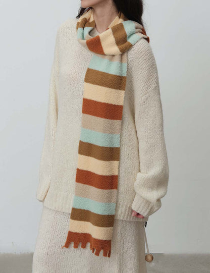 Striped Cozy Color Block Fringed Winter Scarf
