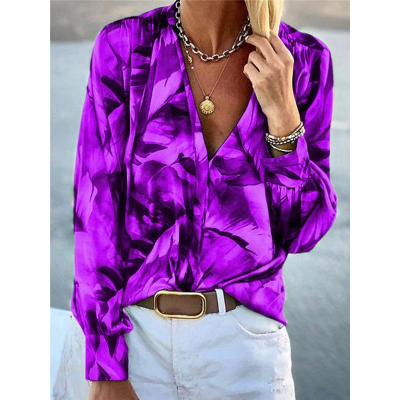 V-Neck Leaves Printed Women's Blouse