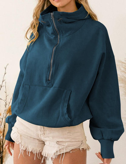 Casual Half Zip Drawstring High Neck Hoodie