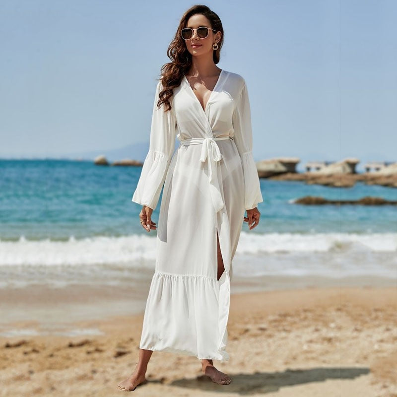 Long-Sleeve Deep-V White Cover-Up