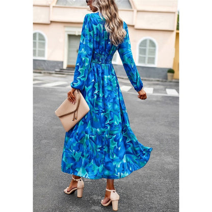 Casual Irregular Color Block Printed V-Neck Long-Sleeved Dress