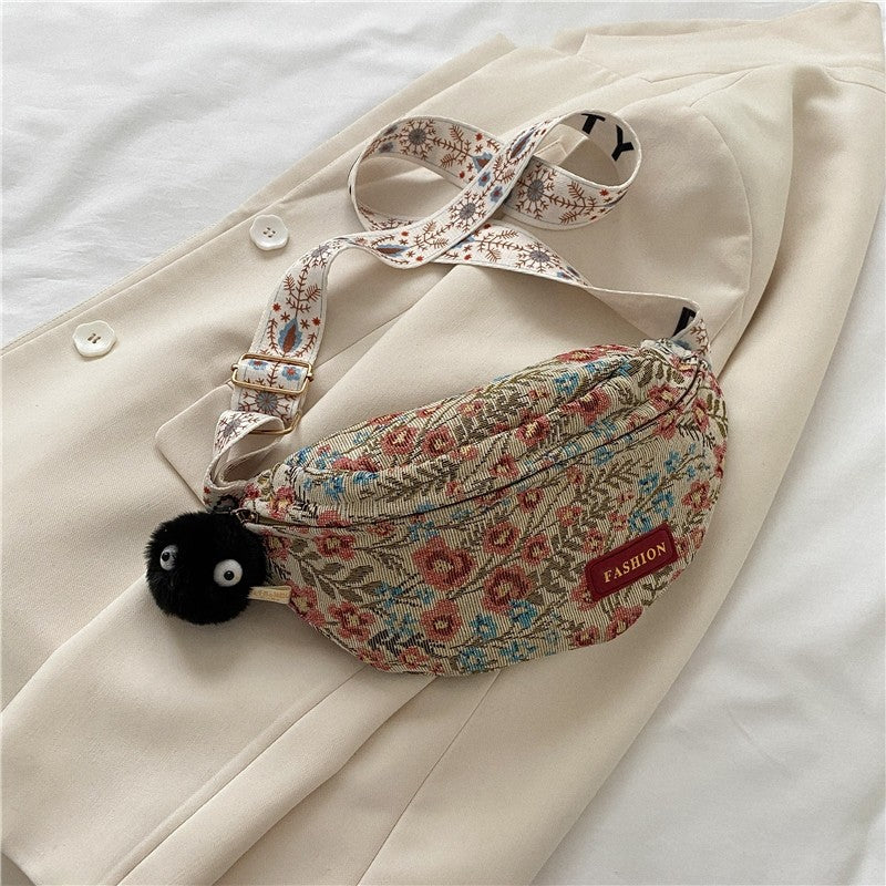 Fashion Jacquard Canvas Chest Bag With Pendant