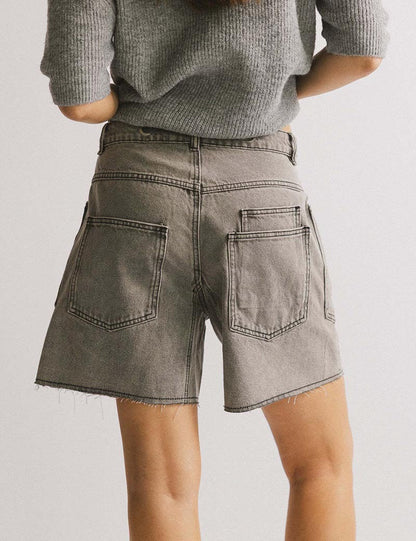 Washed Drawstring Pockets Denim Shorts