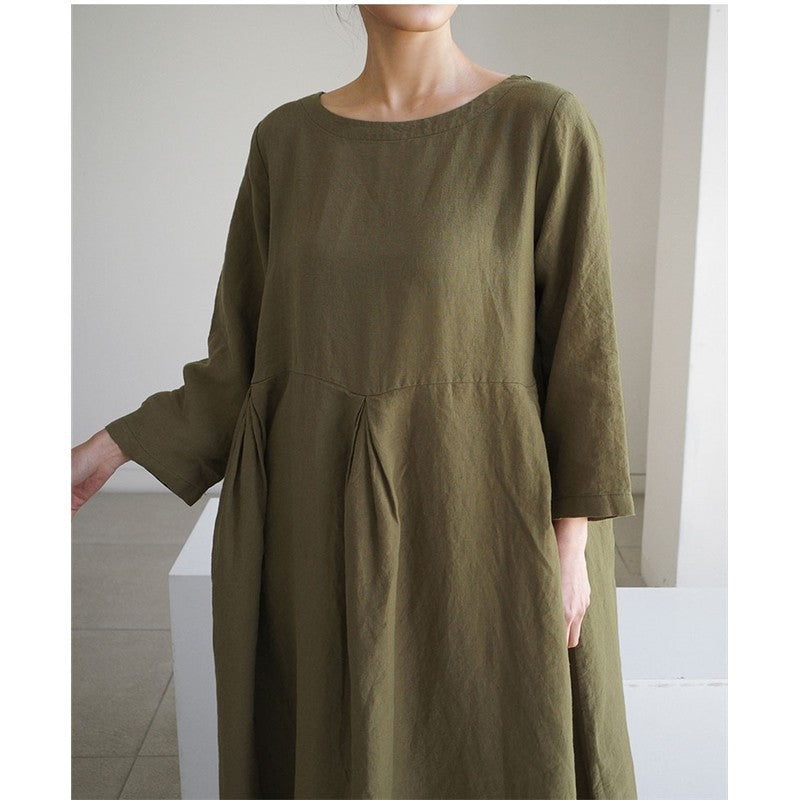 Solid Color Long Sleeve Crewneck A-Line Large Hemline Casual Loose Maxi Dress