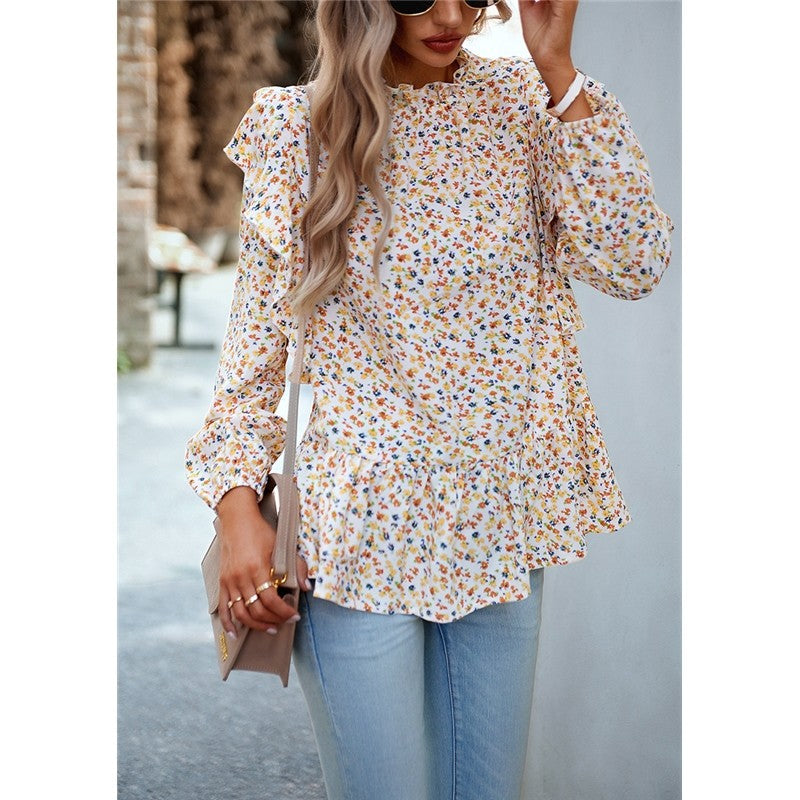 Lace Collar Floral Wood Ear Trim Shirt