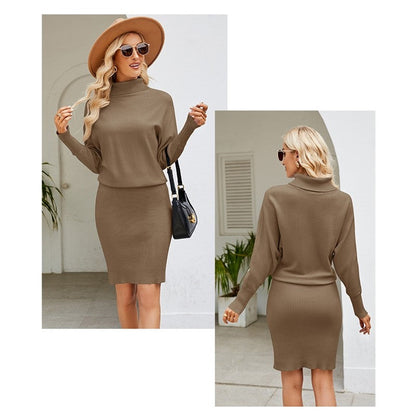 Solid Color Long Sleeves High Neck Knitted Bodycon Dress