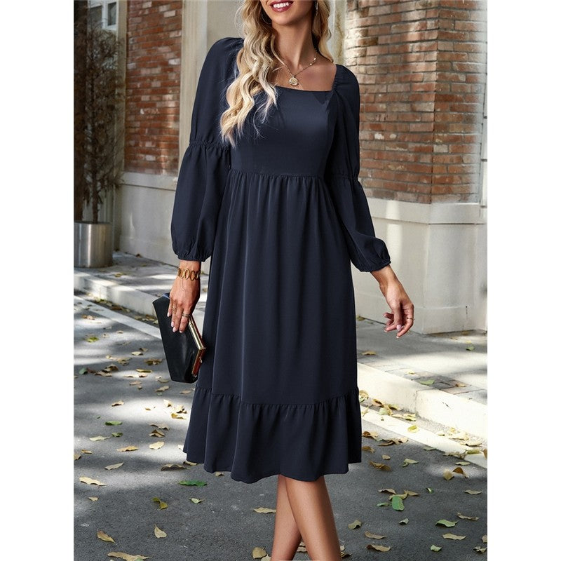 Solid Color Square Neck Ruffle Skirt Waisted Long-Sleeved Dress