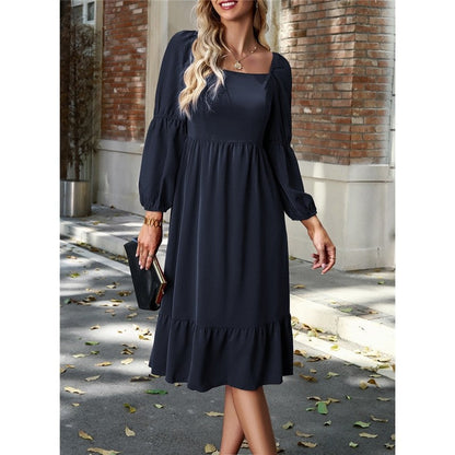 Solid Color Square Neck Ruffle Skirt Waisted Long-Sleeved Dress