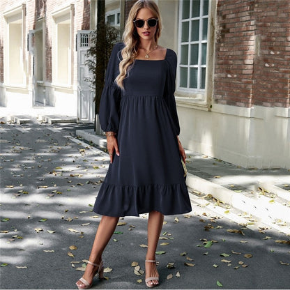 Solid Color Square Neck Ruffle Skirt Waisted Long-Sleeved Dress