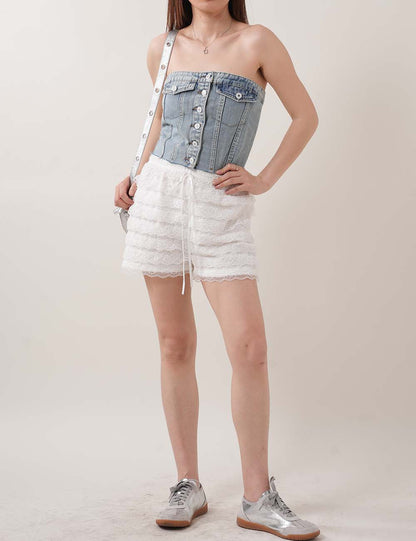 Button Down Strapless Denim Tube Tops