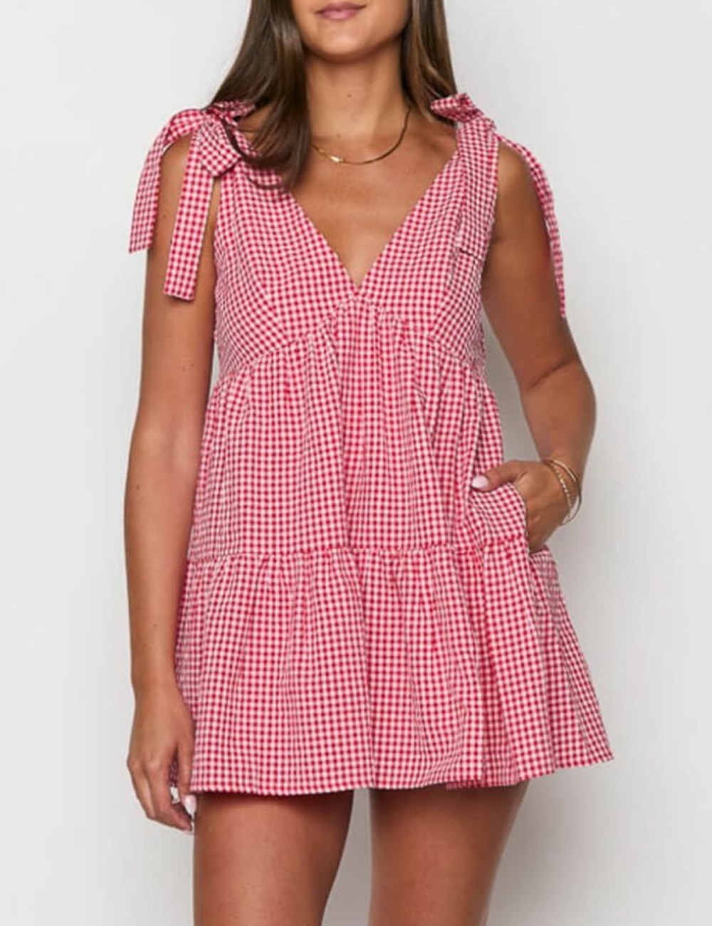 Casual Plaid Tie-Strap V-Neck Mini Dress