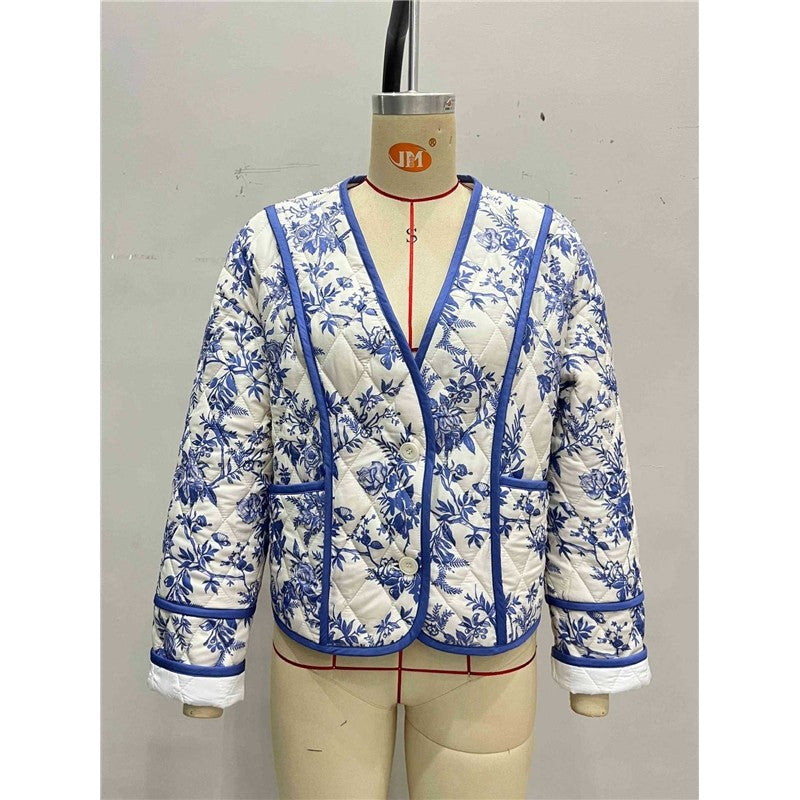 V-Neck Retro Print Cotton Jacket