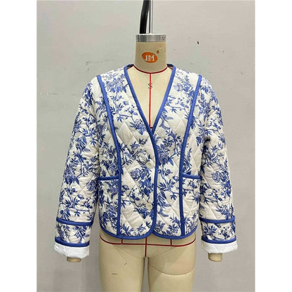 V-Neck Retro Print Cotton Jacket