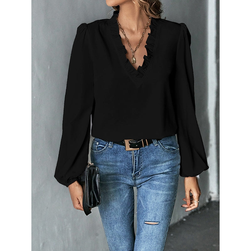 Long Sleeves Loose Ruffled Solid Color V-Neck Blouses&Shirts Tops