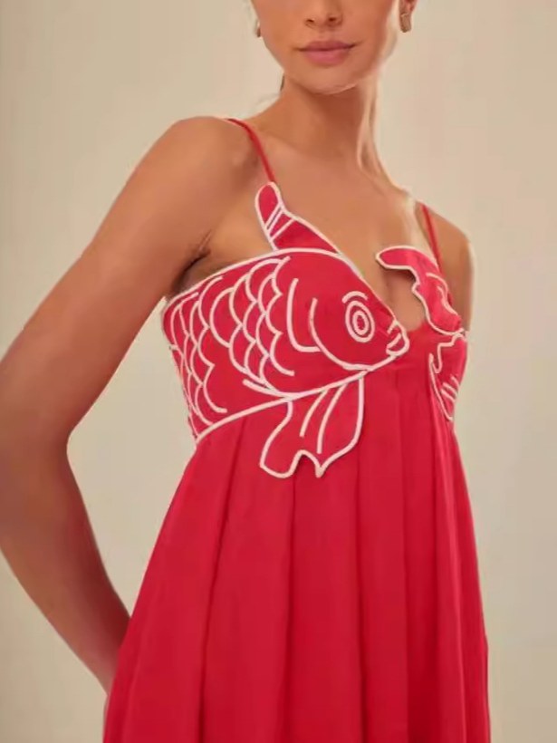 Embroidered Pleated Spaghetti Maxi Dress