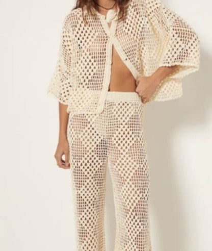 Solid Color Plaid Hollow Out Knit Beach Set