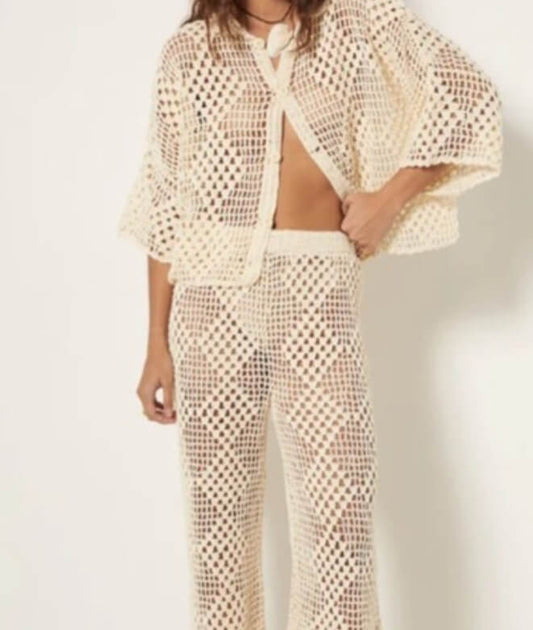 Solid Color Plaid Hollow Out Knit Beach Set