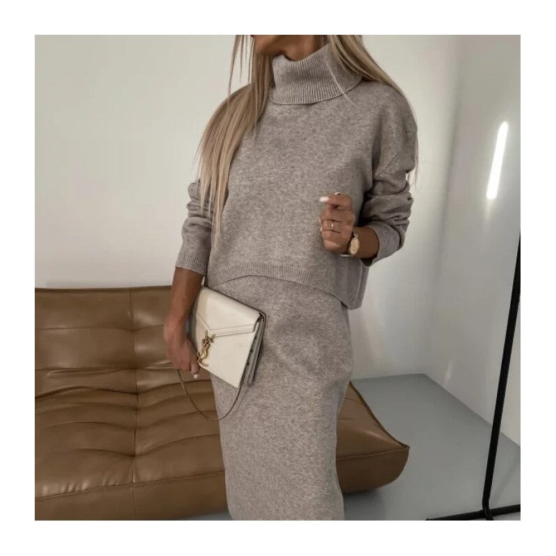 Solid Color High Neck Knit Sweater Wrap Skirt Set