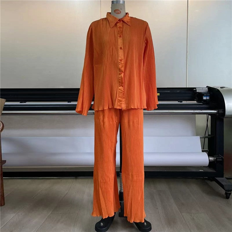 Printed Pleated Long Sleeve Long Pants Set