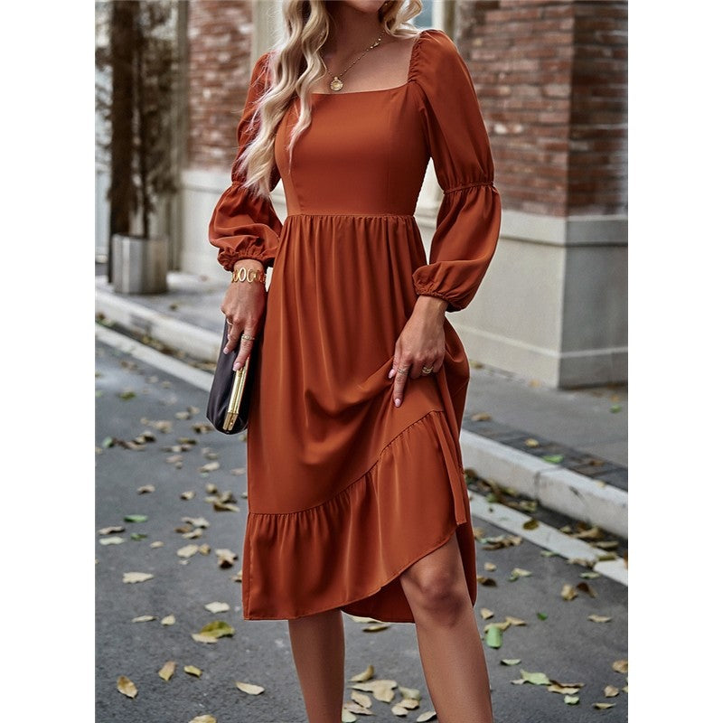 Solid Color Square Neck Ruffle Skirt Waisted Long-Sleeved Dress